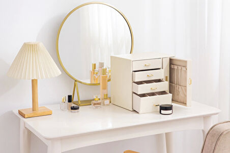 Dışı Deri İçi Kadife 6 Çekmeceli Takı Bijuteri Mücevher Kutusu Organizer Düzenleyici Krem İthal Ürün