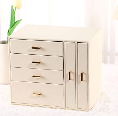 Dışı Deri İçi Kadife 6 Çekmeceli Takı Bijuteri Mücevher Kutusu Organizer Düzenleyici Krem İthal Ürün