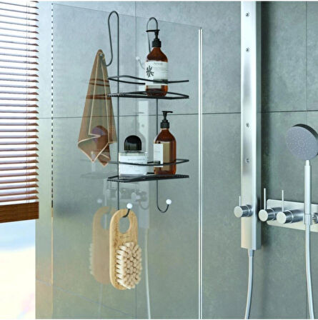 Duşakabin Banyo Rafı Şampuanlık 2 Katlı Askılı Siyah