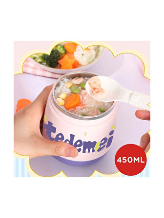 Paslanmaz Çelik Sızdırmaz Kaşıklı Saklama Kabı Beslenme Kabı 450 ML Pembe İthal Ürün