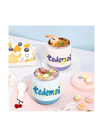 Paslanmaz Çelik Sızdırmaz Kaşıklı Saklama Kabı Beslenme Kabı 450 ML Pembe İthal Ürün