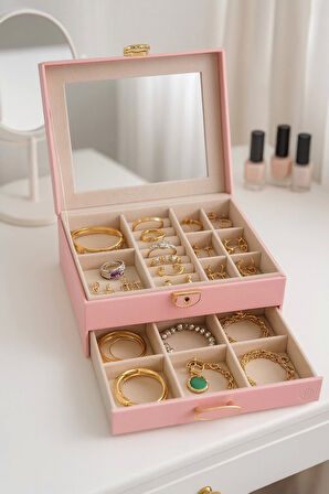 Dışı Deri İçi Kadife Kilitli Çekmeceli Takı Bijuteri Mücevher Kutusu Organizer Düzenleyici Pembe İthal Ürün