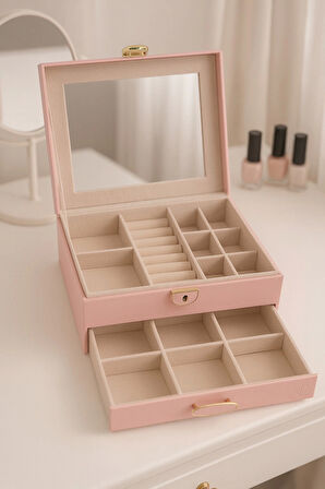 Dışı Deri İçi Kadife Kilitli Çekmeceli Takı Bijuteri Mücevher Kutusu Organizer Düzenleyici Pembe İthal Ürün