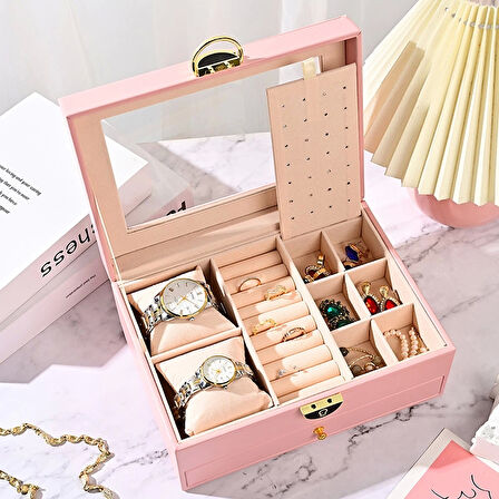 Dışı Deri İçi Kadife Kilitli Çekmeceli Takı Bijuteri Mücevher Kutusu Organizer Düzenleyici Pembe İthal Ürün