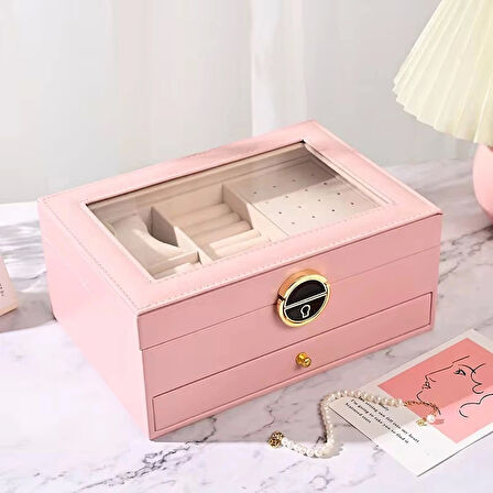 Dışı Deri İçi Kadife Kilitli Çekmeceli Takı Bijuteri Mücevher Kutusu Organizer Düzenleyici Pembe İthal Ürün