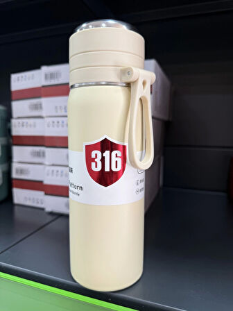Paslanmaz Çelik Termos Su Şişesi 500ml Vakumlu Kapak Krem İthal Ürün