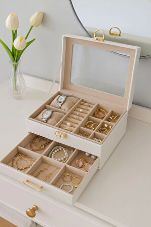 Dışı Deri İçi Kadife Kilitli Çekmeceli Takı Bijuteri Mücevher Kutusu Organizer Düzenleyici Beyaz İthal Ürün