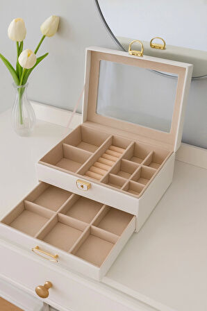 Dışı Deri İçi Kadife Kilitli Çekmeceli Takı Bijuteri Mücevher Kutusu Organizer Düzenleyici Beyaz İthal Ürün