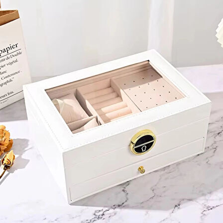 Dışı Deri İçi Kadife Kilitli Çekmeceli Takı Bijuteri Mücevher Kutusu Organizer Düzenleyici Beyaz İthal Ürün