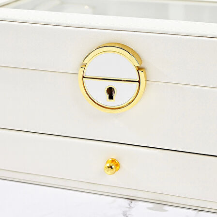 Dışı Deri İçi Kadife Kilitli Çekmeceli Takı Bijuteri Mücevher Kutusu Organizer Düzenleyici Beyaz İthal Ürün