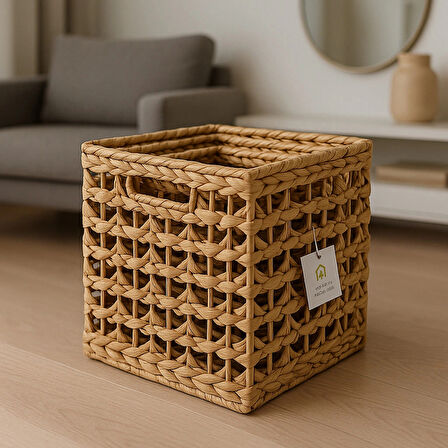 Dekoratif Kulplu Kare Hasır Sepet Sele 3lü