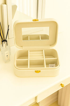 Deri Seyahat Takı Bijuteri Mücevher Kutusu Organizer Düzenleyici 20cm Krem İthal Ürün