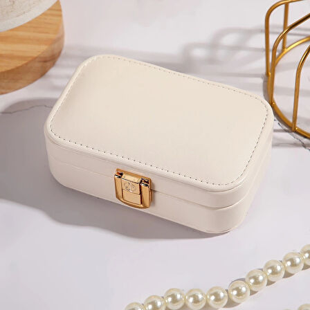Deri Seyahat Takı Bijuteri Mücevher Kutusu Organizer Düzenleyici 20cm Krem İthal Ürün