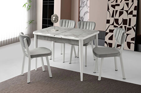 Kelebek Lagina Ahşap Salon Yemek Masa Sandalye Takımı 4 Sandalyeli Ortadan Açılır Büyüyen Mermer Desen 90x160