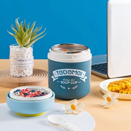 Paslanmaz Çelik Sızdırmaz Kaşıklı Saklama Kabı Beslenme Kabı 780 ML Mavi İthal Ürün