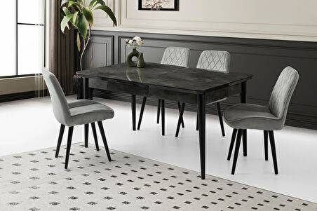 Ortadan Açılır Büyüyen 90x160cm Siyah Mermer Desen Ahşap Salon Yemek Masa Gri Fulya Sandalye Takımı 4 Sandalyeli