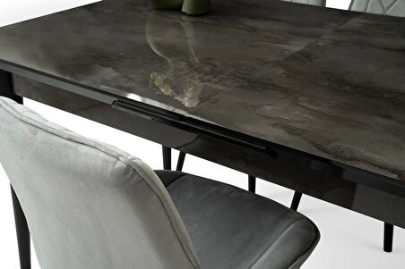 Ortadan Açılır Büyüyen 90x160cm Siyah Mermer Desen Ahşap Salon Yemek Masa Gri Fulya Sandalye Takımı 4 Sandalyeli