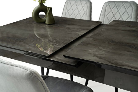 Ortadan Açılır Büyüyen 90x160cm Siyah Mermer Desen Ahşap Salon Yemek Masa Gri Fulya Sandalye Takımı 4 Sandalyeli