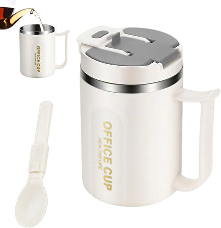 Paslanmaz Çelik Sızdırmaz Kaşıklı Kahve Termosu 500 ML Beyaz İthal Ürün