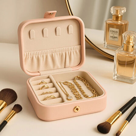 Deri Mini Baklava Desenli Seyahat Takı Bijuteri Mücevher Kutusu Organizer Düzenleyici 11,5cm Pembe İthal Ürün