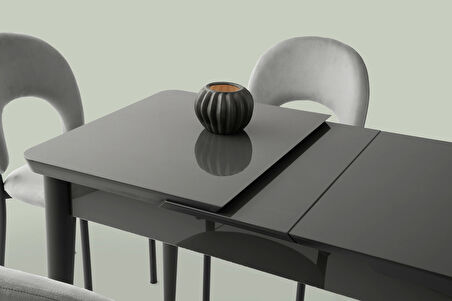 Ortadan Açılır Büyüyen 70x120cm Gümüş Gri Ahşap Salon Yemek Masa Gri Sandalye Takımı 4 Sandalyeli
