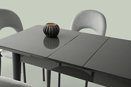 Ortadan Açılır Büyüyen 70x120cm Gümüş Gri Ahşap Salon Yemek Masa Gri Sandalye Takımı 4 Sandalyeli