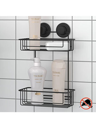 Vakumlu Banyo Duvar Rafı Şampuanlık 2 Katlı Siyah