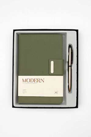 Mıknatıs Kapaklı Kalemli Ajanda Günlük Not Defteri Notebook Yeşil