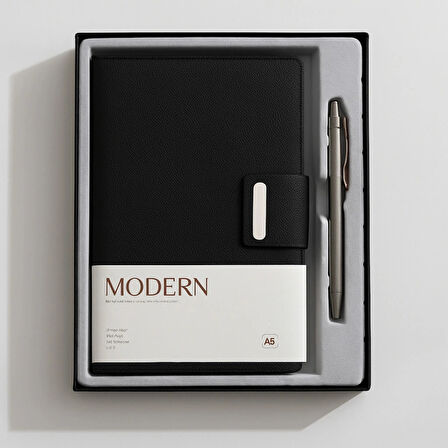 Mıknatıs Kapaklı Kalemli Ajanda Günlük Not Defteri Notebook Siyah