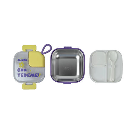 Paslanmaz Çelik Sızdırmaz Kaşıklı Saklama Kabı Beslenme Kabı 600 ML. Mor İthal Ürün