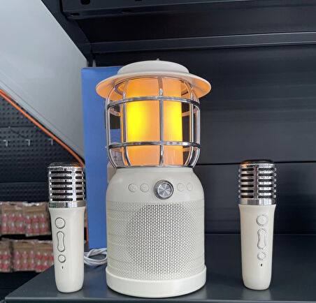 Vintage Lamba 3′ü 1 Arada 2 adet Mikrofon TF-Card Bluetooth Kamp Lambası Dış Mekan Karaoke Hoparlör Krem