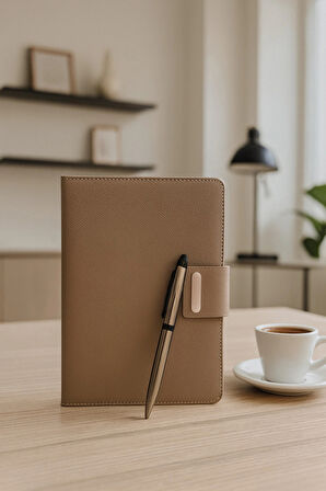 Mıknatıs Kapaklı Kalemli Ajanda Günlük Not Defteri Notebook Kahverengi