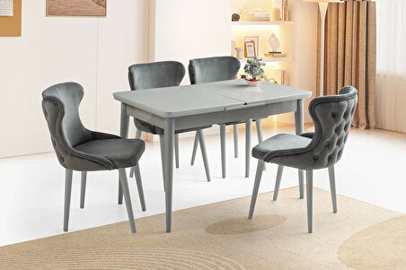 Ortadan Açılır Büyüyen 90x160cm Açık Gri Ahşap Salon Yemek Masa Gri Bensu Sandalye Takımı 4 Sandalyeli
