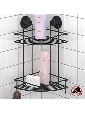 Banyo Köşe Rafı Vakumlu Paslanmaz 2 Katlı Kancalı Siyah