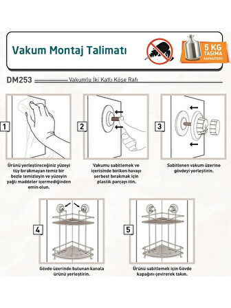 Banyo Köşe Rafı Vakumlu Paslanmaz 2 Katlı Kancalı Siyah