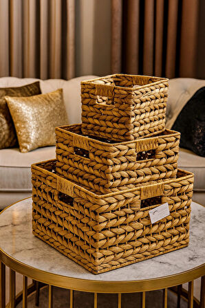 Dekoratif Kare Kelebek Desenli Örgü Hasır Sepet Sele 3lü