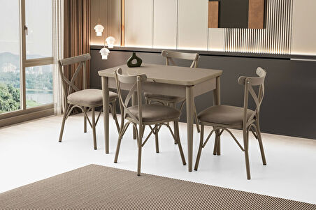 Kelebek Cappicino Ahşap Salon Yemek Masa Sandalye Takımı 4 Çapraz Sandalyeli Ortadan Açılır Büyüyen 90x160cm