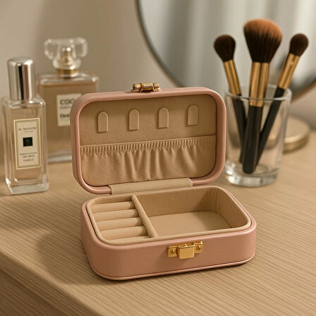 Deri Midi Seyahat Takı Bijuteri Mücevher Kutusu Organizer Düzenleyici 12cm Pembe İthal Ürün