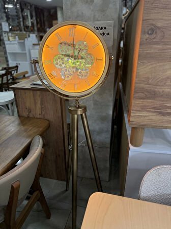 Ledli Tripod Gold Ayaklı Dekoratif Saat Döner Çarklı Gold-Gold