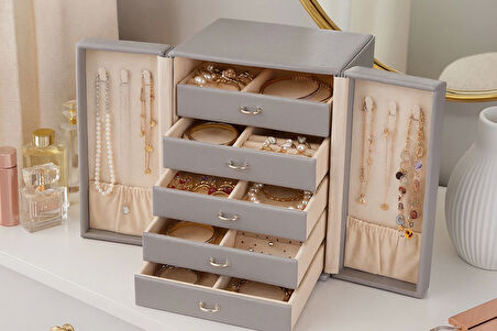 Dışı Deri İçi Kadife 5 Çekmeceli Takı Bijuteri Mücevher Kutusu Organizer Düzenleyici Gri İthal Ürün