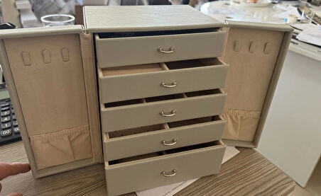 Dışı Deri İçi Kadife 5 Çekmeceli Takı Bijuteri Mücevher Kutusu Organizer Düzenleyici Gri İthal Ürün