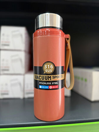 Paslanmaz Çelik Termos Su Şişesi 600ml Vakumlu Kapak Turuncu İthal Ürün