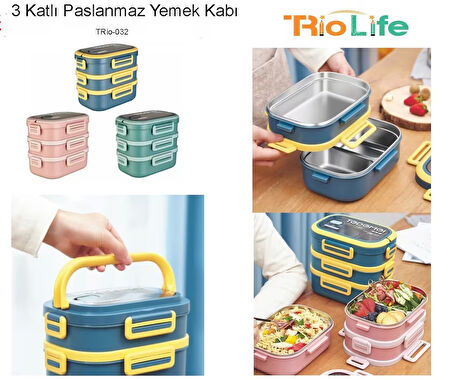 3 Katlı Paslanmaz Çelik Sızdırmaz Saklama Kabı Beslenme Kabı 2,45 Lt. Yeşil-Sarı İthal Ürün