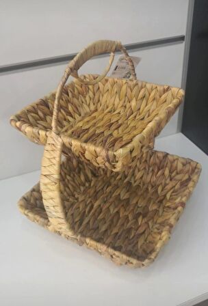 Dekoratif Hasır Kulplu Dikdörtgen 2 Katlı Sunum Sepet