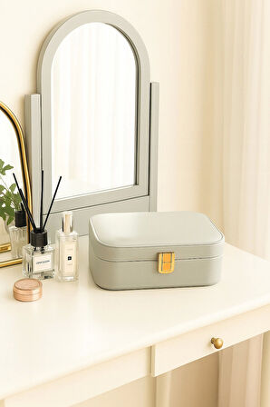 Deri Seyahat Takı Bijuteri Mücevher Kutusu Organizer Düzenleyici 20cm Gri İthal Ürün