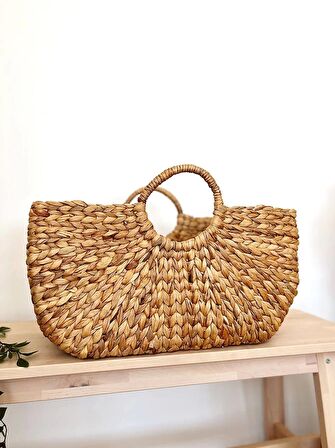 Dekoratif Kulplu Su Sümbülü Hasır Sepet Çanta/Plaj Çantası 50x20cm