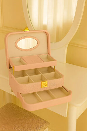 Otomatik Açılır Kapanır Kilitli 2 Çekmeceli Takı Bijuteri Mücevher Kutusu Organizer Düzenleyici Pembe İthal Ürün