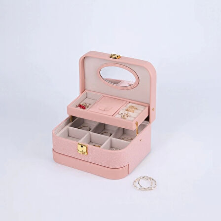 Otomatik Açılır Kapanır Kilitli 2 Çekmeceli Takı Bijuteri Mücevher Kutusu Organizer Düzenleyici Pembe İthal Ürün
