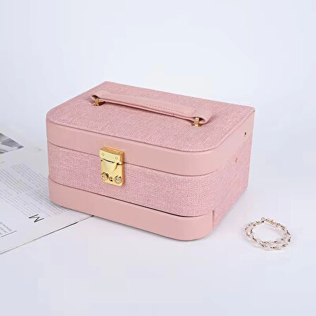 Otomatik Açılır Kapanır Kilitli 2 Çekmeceli Takı Bijuteri Mücevher Kutusu Organizer Düzenleyici Pembe İthal Ürün