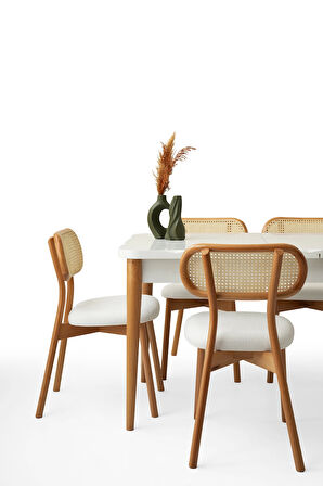 Ahşap Salon Yemek Masa Sandalye Takımı 4 Paris Sandalyeli Ortadan Açılır Büyüyen Beyaz 70x120cm